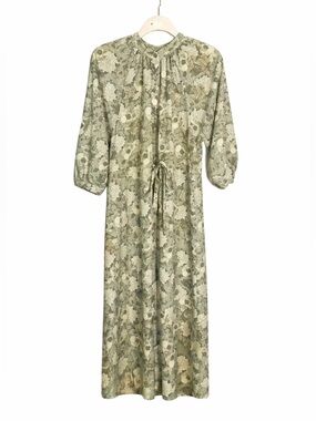 Vintage Brown Floral Dress Women’s Size 13 Silky Drawstring Waist Midi